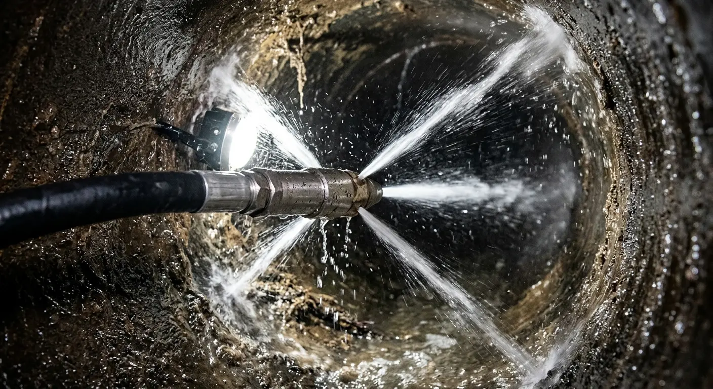 High-pressure hydro jetting nozzle cleaning sewer pipe for Sewer Cleanout in Avenal