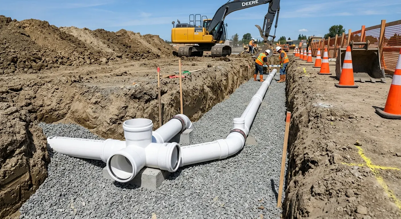 New PVC sewer pipe installation in open trench for Sewer Backup in Avenal