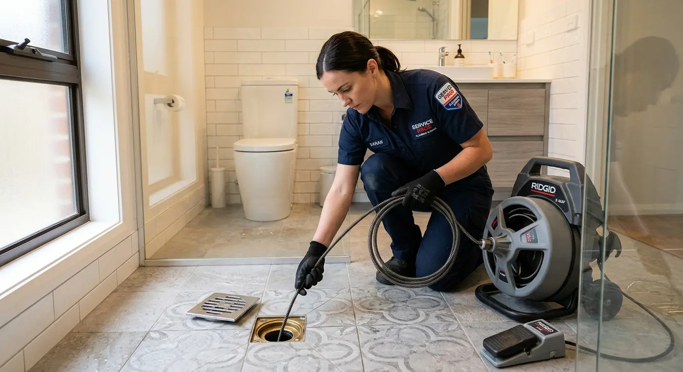 Technician clearing a bathroom floor drain for Sewer Line Replacement in Avenal